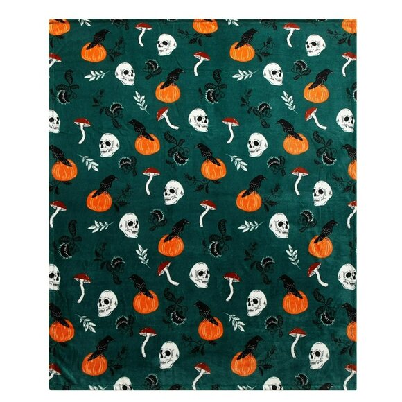 Way To Celebrate Halloween Skulls & Ravens Plush Throw Blanket 50" x 60" Green - Picture 1 of 9